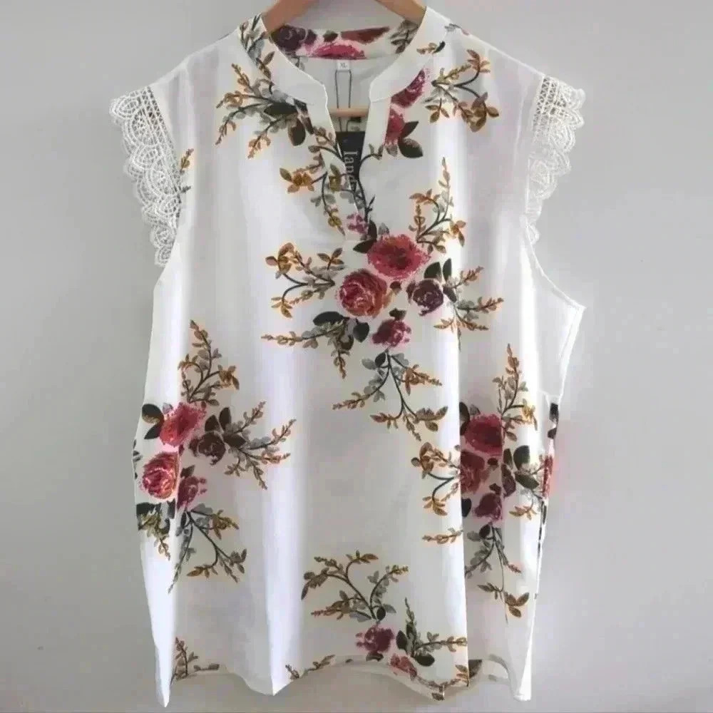 IANDROIY | Women's White Floral V-Neck Sleeveless Laced Blouse